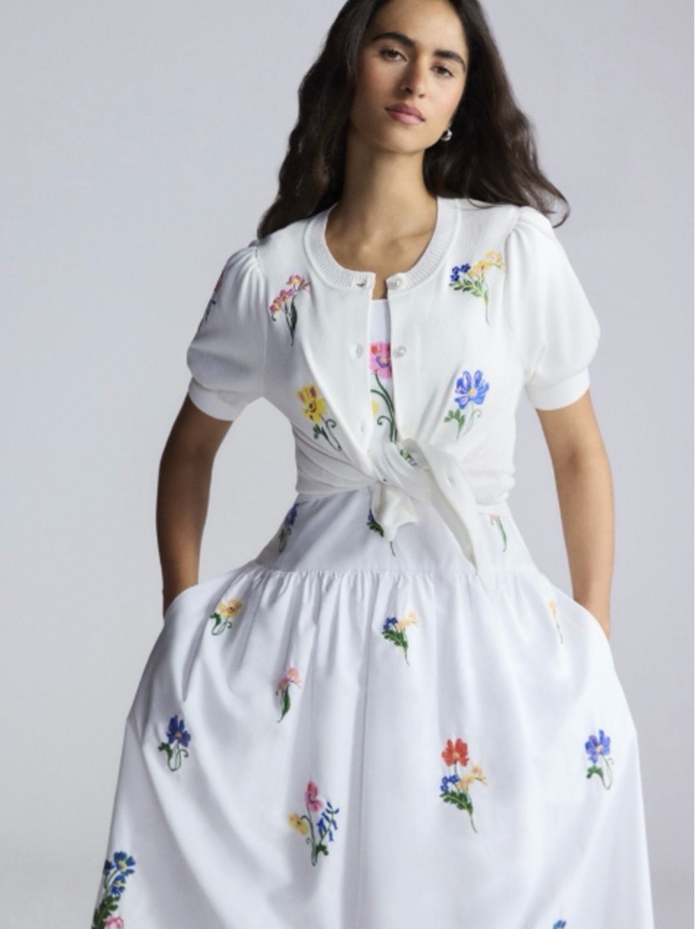White Floral Embroidered Cotton Dress Set